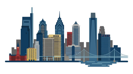 Obraz premium Vibrant flat vector illustration of a modern city skyline panorama featuring diverse architectural structures and an urban bridge at dusk
