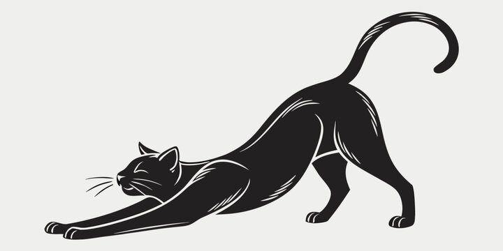 Black silhouette of a stretching cat in a graceful pose with stretching silhouette illustration isolated flexible domestic minimalist movement predator creature whiskers blackwhite