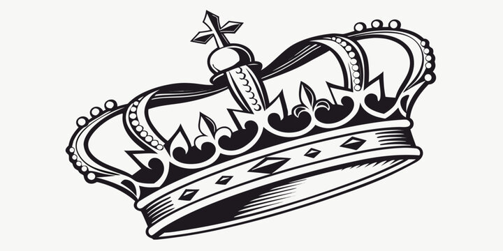 Detailed royal crown icon black and white design with heraldic monarchy ornament illustration monochrome isolated sovereign authority decoration silhouette heritage prestige imperial