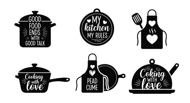 Collection of kitchen quotes and culinary illustrations featuring cooking pots, aprons, and frying pans in black and white.
