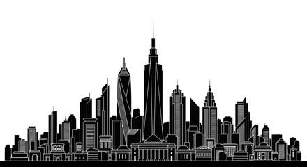 Obraz premium Black and white city skyline silhouette with modern skyscraper buildings