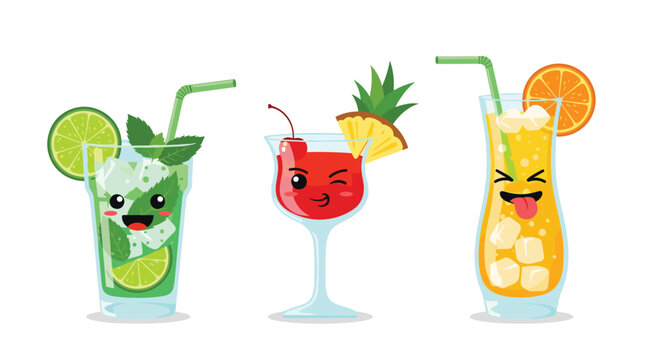 Three cute cartoon cocktails with emoji faces including a mojito and an orange juice drink with a straw.