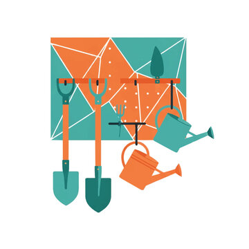 Shared gardening tool wall, shovels and watering cans hung on a geometric pegboard, community resource concept, clay orange and teal palette, minimalist flat vector artwork, clipart style,