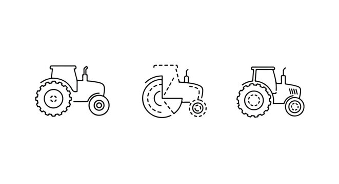 Set of Outline Tractors on White Background