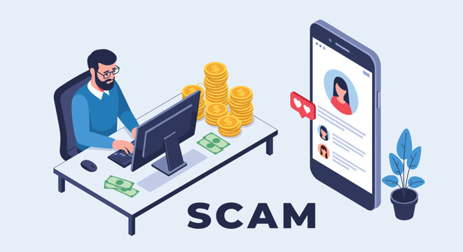Man working on a computer surrounded by stacks of money while a dating profile on a phone indicates an online scam attempt.