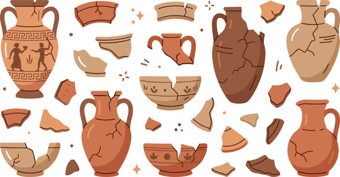Ancient Pottery Illustration Featuring Archaeological Artifact Scenes in Vector Artwork