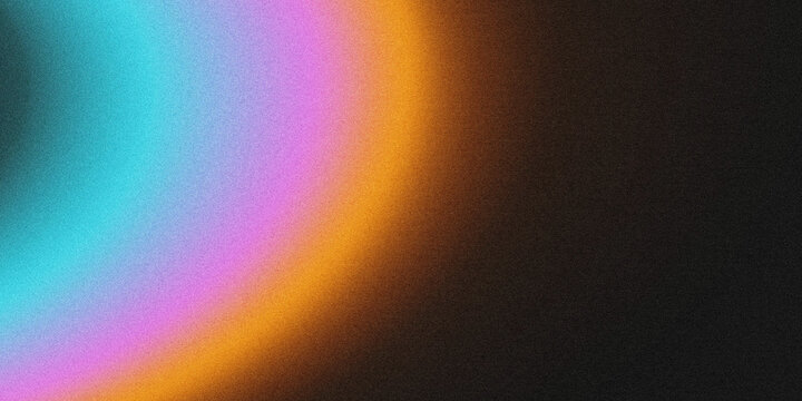 Grainy abstract gradient background with smooth cyan, purple, and orange neon wave curve on dark black negative space. 