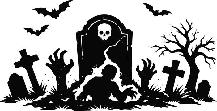 Isolated on Halloween graves. Spooky grave stones with zombie hands and bats, Halloween monster zombie gravestone silhouette flat vector art on white background