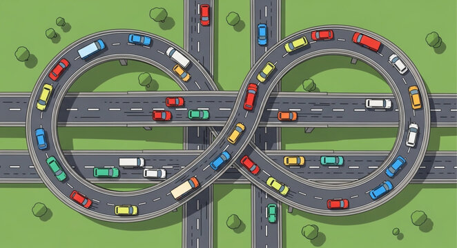 Infinite Loop Highway Traffic Congestion Symbolizing Endless Commute.