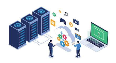 Fototapeta premium IT professionals managing cloud computing services and server network with various digital content and media icons.