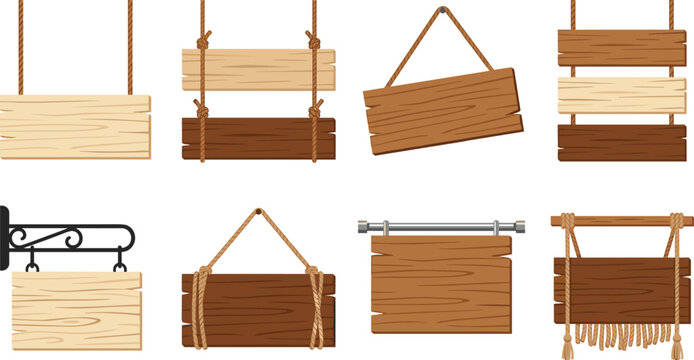 Hanging Wooden Signboard Collection with Cartoon Rustic Boards, Fantasy Game Notice Panels, Rope Labels, and Vintage Direction Signs for User Interface Design