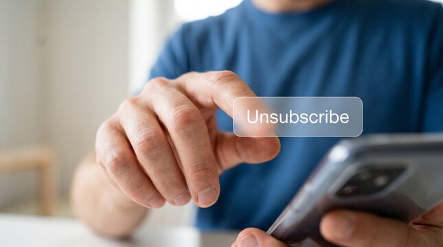 User pressing unsubscribe button on smartphone, representing subscription cancellation, recurring billing control, and account management with digital platform settings and payment termination process