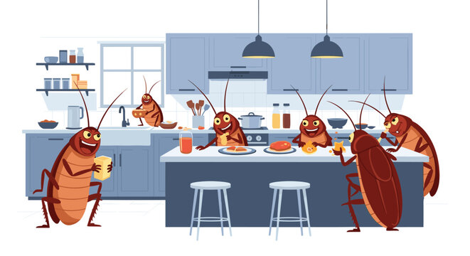 Group of cartoon cockroaches takes over a modern kitchen by climbing on the counter and eating various food scraps in a messy scene.