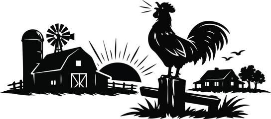 Isolated on Crowing rooster farm house scene silhouette flat vector art on white background © MdMasud