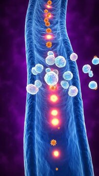 3D Visualization of Blood Cells Flowing Through a Vibrant Blood Vessel Highlighting Cellular Interactions and Circulatory Dynamics