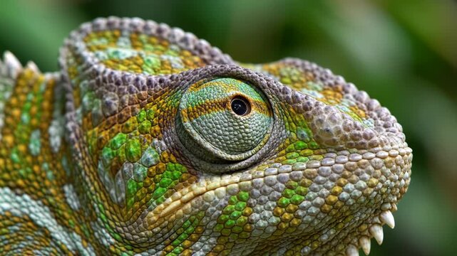 Extreme macro close-up of a chameleon's head showing detailed multicolored scales and unique rotating turret eye against a blurred natural green background in a tropical environment.
