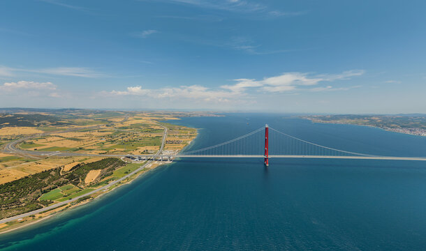 Lapseki, Turkey. Panoramic aerial view of highway approaching 1915 Canakkale Bridge from Lapseki to Gelibolu on Dardanelles Strait. Aerial view