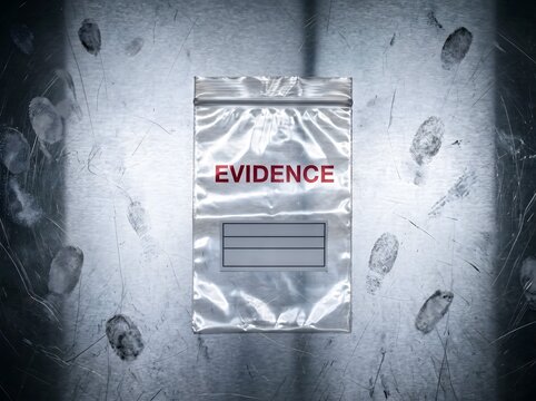 Evidence bag holds sensitive items for criminal investigation while fresh fingerprints appear on the surrounding metallic surface.