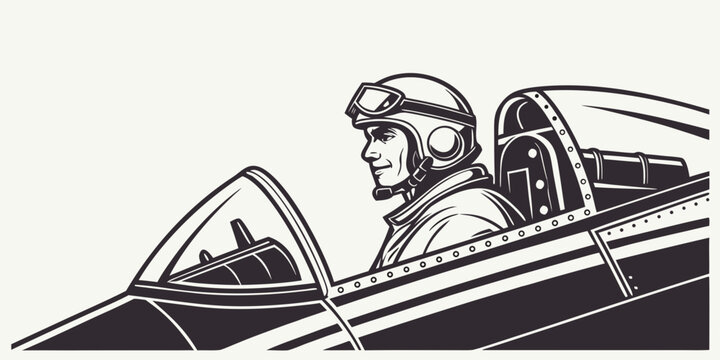 Fighter pilot portrait inside a vintage plane cockpit with airplane aviation aircraft military aeroplane aeronautics transport illustration monochrome equipment silhouette technology