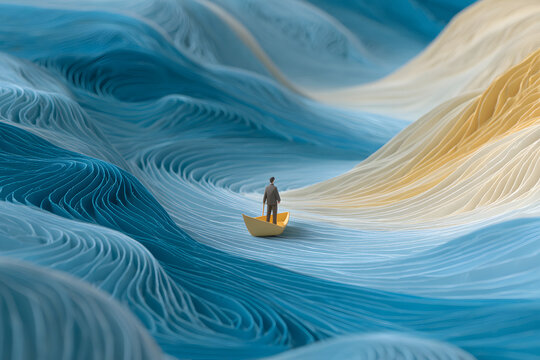 Leader navigating paper waves that shift in patterns, adaptability theme, fluid papercraft aesthetic
