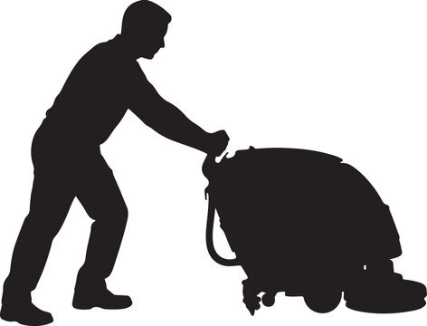 Silhouette of a Professional Cleaner Pushing a Floor Scrubber Machine