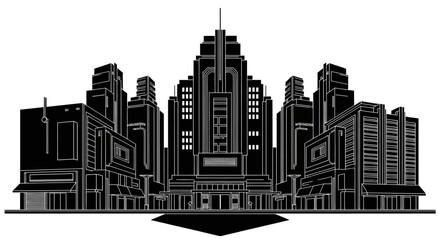 Fototapeta premium Art Deco city skyline silhouette, urban architecture vector illustration