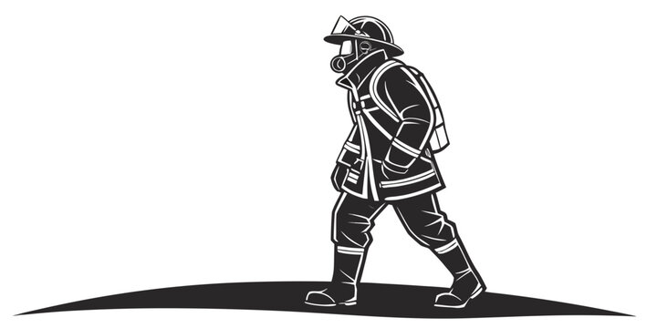 Firefighter in protective gear walking illustration with black and white public service first responder fire department rescue worker fire safety firefighter protective respirator emergency