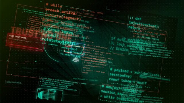 Cyber Attack HUD Interface with Digital Code and Security Breach