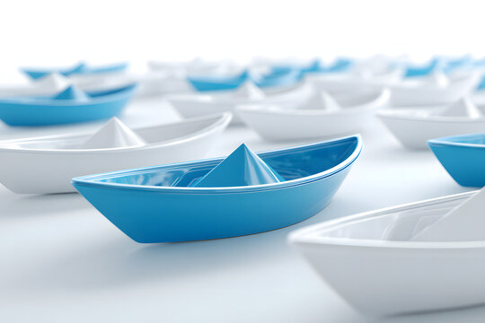 Leadership concept, blue leader boat leading white boats, on white background