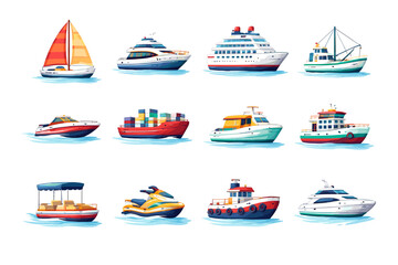 A vibrant collection of diverse watercraft, including sailboats, yachts, cruise ships, cargo vessels, speedboats, jet skis, and pontoons, all depicted in a colorful illustration. © pria