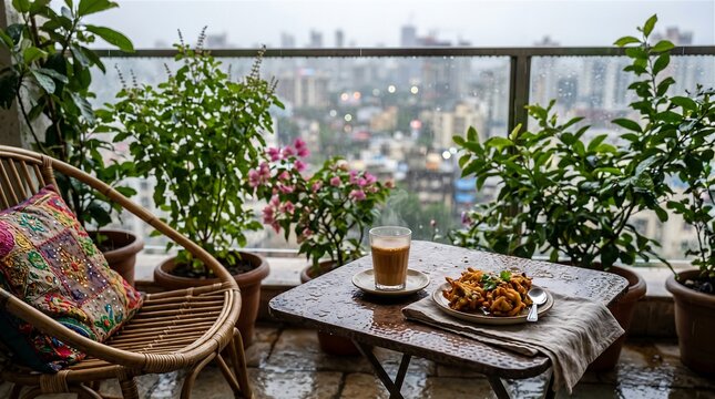 ​Traditional Indian cutting chai glass and crispy pakodas on wet balcony table during monsoon rain (Urban Oasis series).