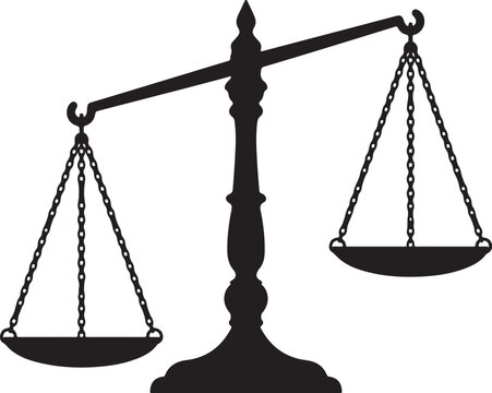 Black silhouette of tilted scales of justice isolated on white background