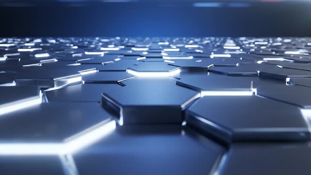 Futuristic Glowing Blue Hexagonal Network Pattern Stretching Into a Distant Neon Horizon