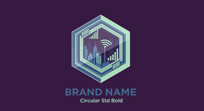 Hexagonal Logo with Abstract Data Visualization and Wi-Fi Symbol.