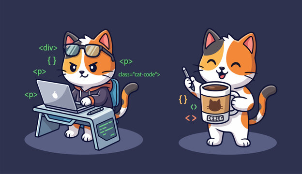 Cute cartoon cats programmer and coffee lover illustration.