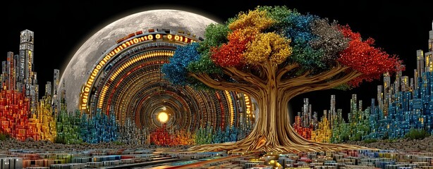 Obraz premium Futuristic Digital Cityscape with Multicolored Tree and Abstract Moonlit Background in Sci-Fi Fantasy World