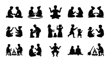 Fototapeta premium Black silhouette people icons set. 15 vector human figures in meditation, campfire, and social poses. Minimalist lifestyle character silhouettes.