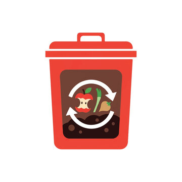 A minimalist flat vector of a modern kitchen compost bin with an apple core and vegetable scraps transforming into dark soil. Circular arrows symbol. Colors: Apple Red, Deep Brown, Sand, White.