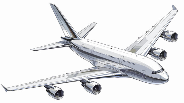 Detailed illustration of a large white passenger airplane with four engines flying in the sky.
