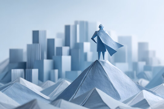 Origami leader standing confidently on a modern folded-paper peak overlooking a futuristic paper city, symbolizing vision and clarity, crisp folds