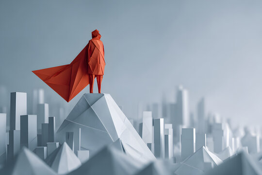 Origami leader standing confidently on a modern folded-paper peak overlooking a futuristic paper city, symbolizing vision and clarity, crisp folds