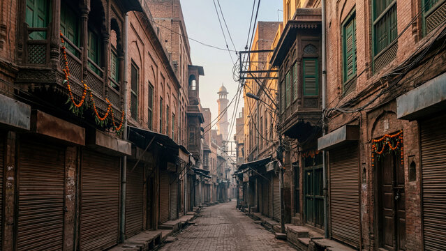 Historic Old Street in Lahore and Delhi Style Architecture with Mosque Minaret