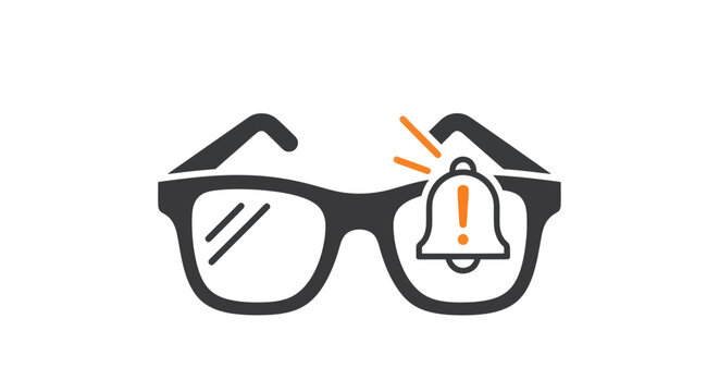 Eyeglasses with alarm bell icon, alert notification symbol, warning sign