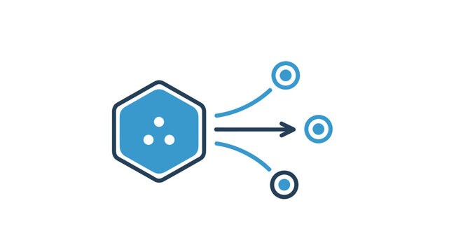 Data aggregation icon, abstract hexagon with dots splitting into multiple circles, vector illustration