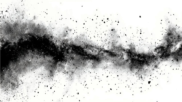 Explosion of black powder and dust particles in a dynamic, abstract, and energetic burst, creating a dramatic and powerful visual effect, conveying chaos and intensity on white background