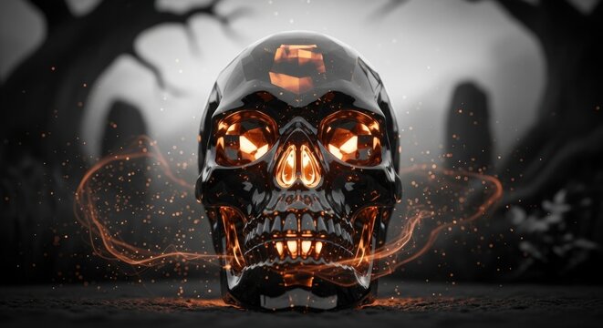 Scary Black Skull with Fiery Glowing Eyes and Ethereal Smoke.
