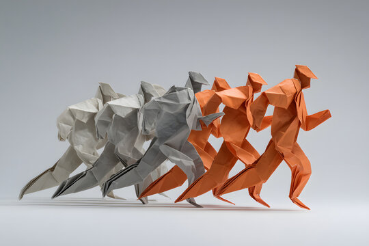Origami professionals moving in synchronized formation, leader at front driving momentum, dynamic business performance style