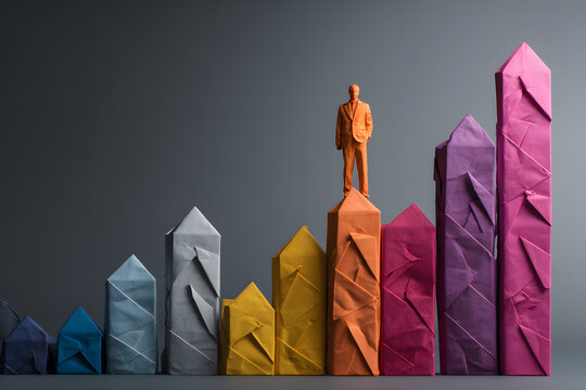 Rising origami bar charts forming skyscrapers, leader standing at the highest peak, symbolizing strong performance and business growth