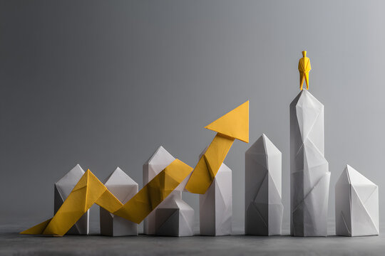 Rising origami bar charts forming skyscrapers, leader standing at the highest peak, symbolizing strong performance and business growth