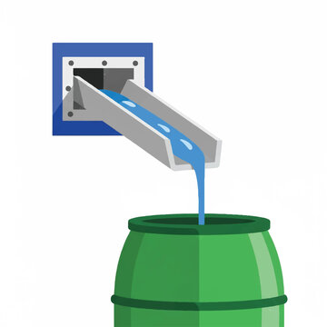 A minimalist flat vector of a modern architectural scupper directing rainwater into a stylish collection barrel for garden irrigation. Colors: Cobalt Blue, Silver, Grass Green, White. minimalist